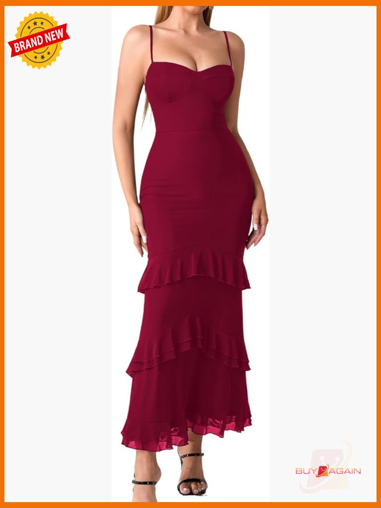 Ruffle Bodycon Maxi Dress Spaghetti Strap Formal Party
